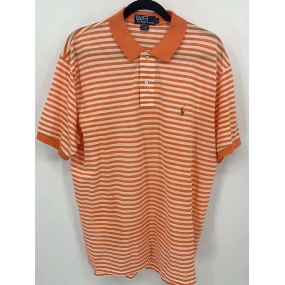 Ralph Lauren Polo Shirt Size Large Orange Stripe Collar Short Sleeve Mens B14
